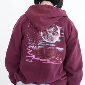 Vintage Hanes Activewear Maroon Zip Up Hoodie w/  Florida Palm Tree Ocean View M